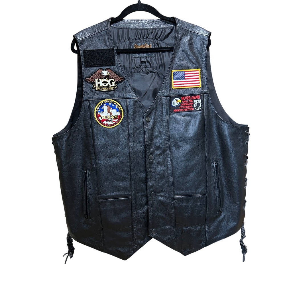 Street & Steel Gunslinger Leather Vest 4X Black HOG Austin Texas Patches